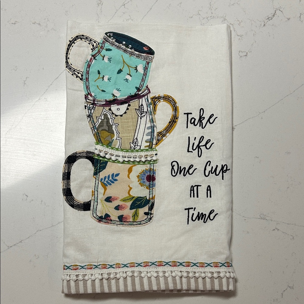 Glory Haus Multicolor Embroidered Stacked Mugs Kitchen Towel